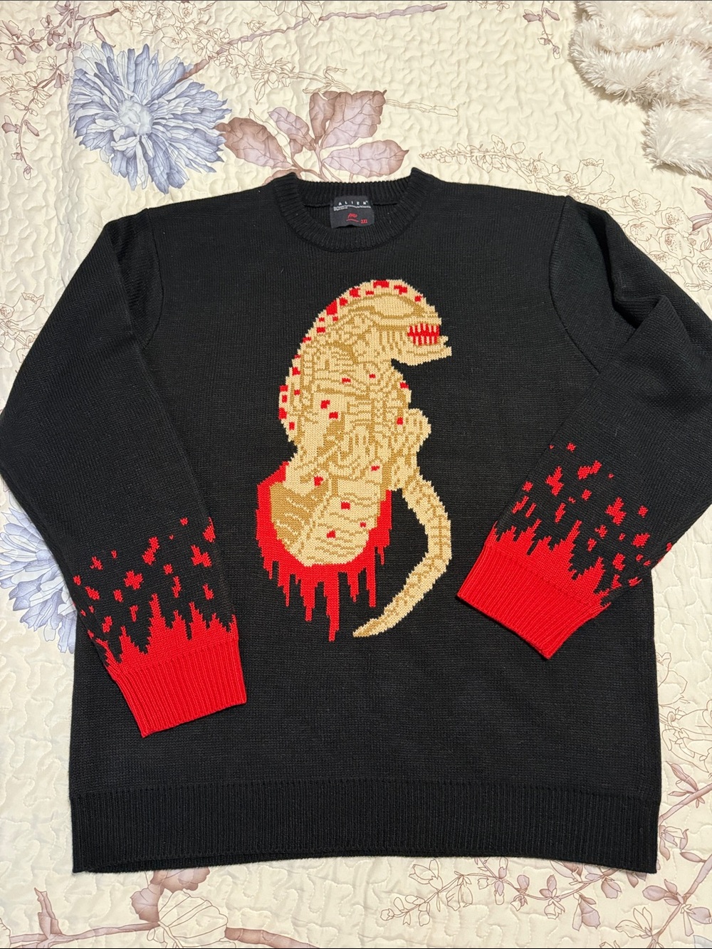 Black Crewneck Sweater with Red & Tan ALIEN Graphic